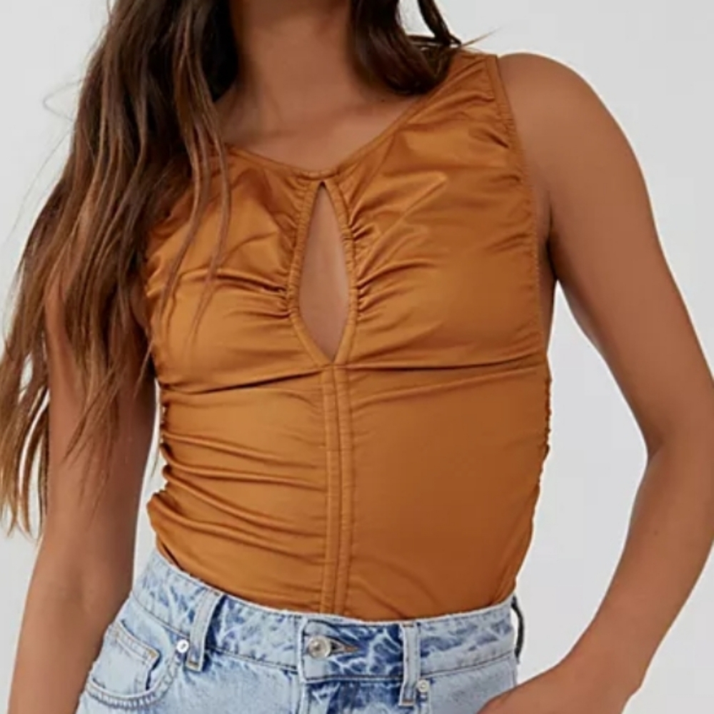 Free People XS Ride Along Ruched Sleeveless Tan Brown Top W Keyhole